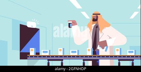 arabischer Mann Operator Controlling Medizin Produktion Abfüllen auf Förderband Arzt Überprüfung der Qualität der Produkte Stock Vektor