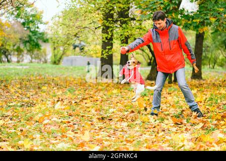 Mann und Hund tragen ähnliche rote Mäntel, spielen zusammen und haben Spaß im Herbstpark Stockfoto