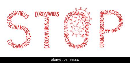 Vektorbeschriftung, die das Coronavirus stoppt. Werbeplakat Design für die Gestaltung von T-Shirts, Taschen, Banner, Aufkleber. Stock Vektor