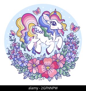 Niedliche weiße Cartoon Einhorn und Blumen. Vektorgrafik für Kinder Stock Vektor