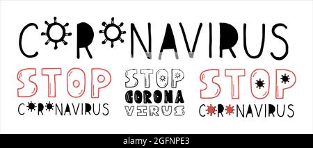 Vektorbeschriftung, die das Coronavirus stoppt. Werbeplakat Design für die Gestaltung von T-Shirts, Taschen, Banner, Aufkleber. Stock Vektor