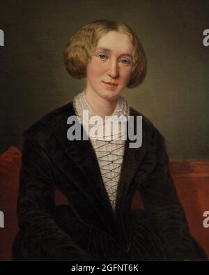 Mary Ann Evans (1819-1880). Bekannt unter ihrem Pseudonym George Eliot. Englischer Schriftsteller. Porträt. Replik von François D'Albert Durade (1804-1886). Öl auf Leinwand (34,3 x 26,7 cm), 1850-1886, nach einer Arbeit von 1850. National Portrait Gallery. London, England, Vereinigtes Königreich. Stockfoto