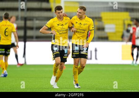 BORAS, SCHWEDEN - 26. AUGUST: Alexander Bernhardsson von IF Elfsborg feiert das zweite IF Elfsborg-Tor des Abends während des UEFA Conference League-Spiels zwischen IF Elfsborg und Feyenoord in der Boras Arena am 26. August 2021 in Boras, Schweden (Foto: Yannick Verhoeven/Orange Picts) Stockfoto