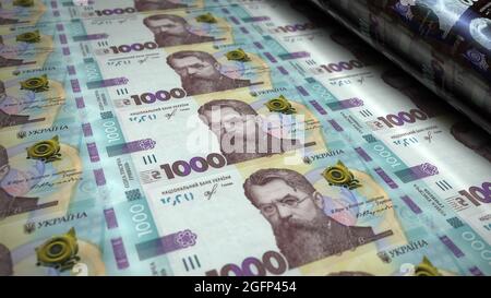 Ukrainische Hryvnia Geldpaket 3d-Illustration. 1000 UAH Hryvna Banknotendruck. Konzept von Finanzen, Bargeld, Wirtschaftskrise, Unternehmenserfolg, Rezession Stockfoto