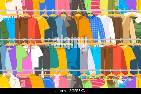 Männer und Frauen Kleidung auf langen Kleiderstangen nahtlose Muster. Viele verschiedene Kleidungsstücke hängen an Kleiderbügeln im Laden. Flache Cartoon Vektor Hintergrund. Stock Vektor