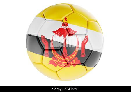 Fußball oder Fußball mit Bruneian-Flagge, 3D-Darstellung isoliert auf weißem Hintergrund Stockfoto