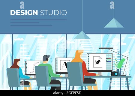 Creative Design Studio Banner. Professionelle Designer arbeiten an Computern im Büroinnenraum. Außenfenster moderne Wolkenkratzer der Stadt. Arbeitsplätze im Freien. Creators Collaboration eps Illustration Stock Vektor