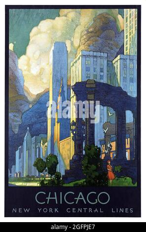 Klicken Sie auf Vintage Vintage American travel Poster - Chicago, 1920er Jahre Stockfoto