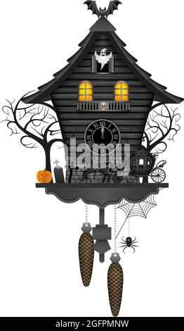 Halloween Kuckucksuhr mit alter Kutsche, Kürbis, Bäumen, Fledermaus und Geist Stock Vektor