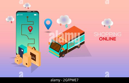 Online-Shopping auf Website oder mobile Anwendung Illustration. Lieferwagen, Karte Tracking, Shopping-Suche oder Bestellerfolg Konzept Stock Vektor