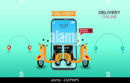 Online-Lieferservice per Roller auf Handy. E-Commerce-Erfolg, Standort-Tracking-Punkt, Food-Box. Lieferkonzept Stock Vektor