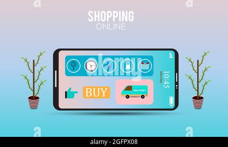 Shopping online Smartphone App logistisches Konzept. Lieferbox, Warenkorb, Baum. Online-Shopping-Konzept mit weißem grauen Hintergrund Stock Vektor
