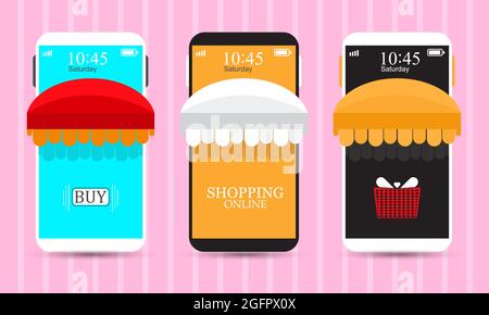 Online-Shopping auf Website oder mobile Anwendung Illustration. E-Commerce Online-Shopping kaufen verkaufen Konzept Stock Vektor