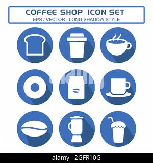 Set Icon Vektor von Coffee Shop - langer Schatten Stil - einfache Illustration, editierbare Kontur, Design Vorlage Vektor, gut für Drucke, Poster, Werben Stock Vektor