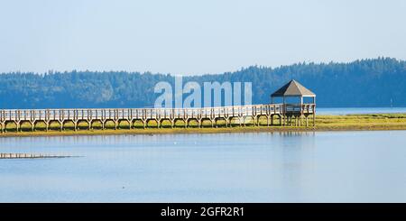 Olympia, WA, USA - 23. August 2021; Aussichtsplattform und Promenade am Billy J Frank Nisqually National Wildlife Refuge am Puget Sound Stockfoto