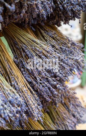 Trauben von aromatischen getrockneten Lavendel- oder Lavandin-Blumen zum Verkauf im Geschäft in der Provence, Frankreich Stockfoto