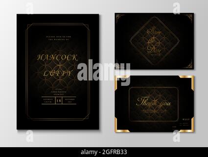 Vorlage für eine luxuriöse Hochzeitseinladungskarte. Eleganter schwarzer dunkler Hintergrund mit goldenem Rahmen Stock Vektor