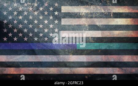 Draufsicht auf die Retro Purple-Teal Line, US-Flagge mit Grunge-Struktur, kein Fahnenmast. Ebenendesign, Layout. Hintergrund markieren. Stockfoto