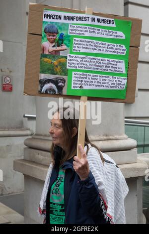 London, Großbritannien. August 2021. Ein Umweltaktivist von Extinction Rebellion protestiert vor der brasilianischen Botschaft während des dritten Tages von Impossible Rebellion Protesten. Aktivisten protestierten solidarisch mit den indigenen Völkern Brasiliens, deren Landrechte derzeit durch die Gesetzgebung der Regierung Bolsonaro bedroht sind, die die Ausbeutung für die groß angelegte Landwirtschaft und den Bergbau ermöglichen würde. Kredit: Mark Kerrison/Alamy Live Nachrichten Stockfoto