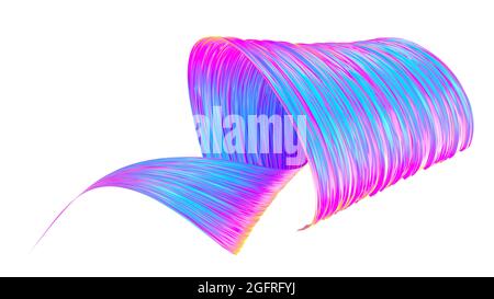 Holographischer abstrakter, verdrehter Pinselstrich. Helle Locke, künstlerische Spirale. Abstraktes Element für Design. 3D-Rendering-Bild. Bild isoliert auf einer weißen BA Stockfoto