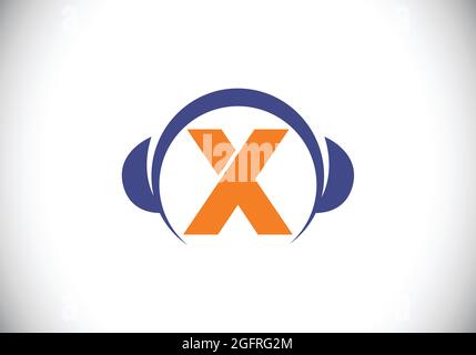 Anfängliches X-Monogramm-Alphabet mit einem Kopfhörer. Kopfhörerlogo. Symbol für Musikzeichen. Schrift-Emblem. Gestaltungselement für Poster, Banner, T-Shirt Stock Vektor