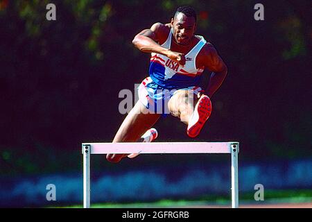 Kevin Young während eines 400 Meter langen Hürdentrainings im Jahr 1993 in Los Angeles, CA. Stockfoto