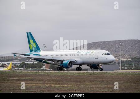 ALICANTE, SPANIEN - 17. Aug 2021: Airbus a320-214 der irischen Firma Aer Lingus, mit einem grünen Kleeblatt am Heck und der Registrierung Ei-DES, landet Stockfoto