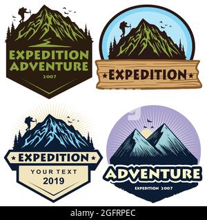 Set von Camping Logos, Vorlagen, Vektor Design Elemente, Outdoor Abenteuer Berge und Wald Expeditionen. Vintage Embleme und Abzeichen Kollektion Stock Vektor