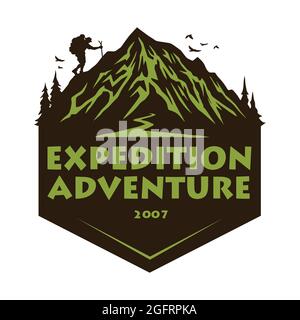 Logo für Bergwandern Kletterabenteuer, Embleme und Abzeichen. Camp in Forest Vektor Illustration Design Elemente Vorlage Stock Vektor