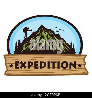 Logo für Camping Mountain Wanderabenteuer, Embleme und Abzeichen. Camp in Forest Vektor Illustration Design Elemente Vorlage Stock Vektor