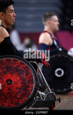 Tokio. August 2021. UK:.20210826, Tokyo, Japan.Tokyo 2020 Paralympische Spiele, .Rollstuhlrugby USA-Kanada. Foto: Lars Moeller.DK:.20210826, Tokio, Japan.Tokio 2020 Paralympiske Lege. KÃ¸restolsrugby USA Canada.Foto: Lars MÃ¸ller. (Bild: © Lars Moeller/ZUMA Press Wire) Stockfoto