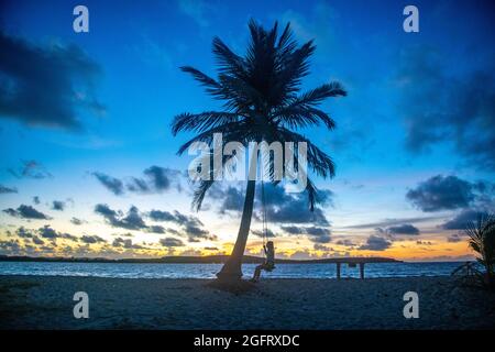 Eine Frau, die bei Sonnenaufgang von einer Palme schwingt - Puerto Rico Stockfoto