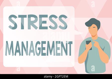 Inspiration zeigt Zeichen Stress Management. Konzept bedeutet, zu lernen, wie man sich verhält und denkt, die Stress reduzieren man Illustration mit Mobile Stockfoto