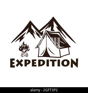 Mountain Camping, Lagerfeuer, Vector Logo und Labels Set. Illustration für Sport und Freizeit Stock Vektor