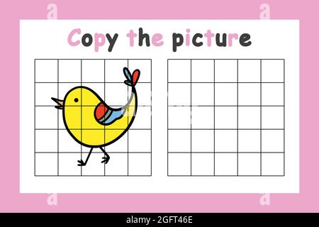 Kopieren Sie das Bild. Pädagogisches Spiel für Kinder. Niedlicher Vogel. Zeichenaktivität für Kinder. Farbenfrohe Vektorgrafik Stock Vektor