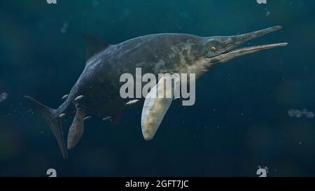 Ichthyosaur, Stenopterygius quadriscissus schwimmen im Ozean, ausgestorbenes marines Reptil von der frühen Trias- bis zur späten Kreidezeit, 3d-Paläoart-Rendering Stockfoto