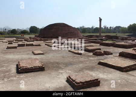 Ashoka-Säule, Kaiser Ashoka baute die Löwensäule in Kolhua. Sie ist aus einem hochpolierten Einzelstück aus rotem Sandstein gefertigt. Stockfoto