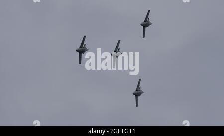 Zeltweg, Österreich 6. SEPTEMBER 2019 vier Militärflugzeuge im Flug in Formation am bewölkten Himmel. Speicherplatz kopieren. SAAB 105 der österreichischen Luftwaffe Stockfoto