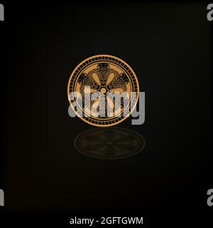 Goldene Badge Label Münze mit schwarzem Hintergrund. Goldenes Abzeichen für Zufriedenheit Stock Vektor