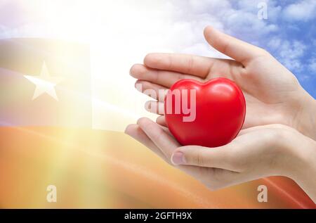 Die Hände des Kindes halten ein Herz auf dem Hintergrund der chilenischen Flagge, Gesundheitskonzept. Stockfoto