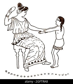Eine Illustration aus dem Jahr 1914, die einer antiken griechischen Schnitzerei entnommen ist, in der eine altgriechische Mutter ihr Kind mit einem Slipper bestrafte. Stockfoto