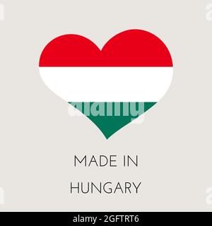 Herzförmiges Label mit ungarischer Flagge. Made in Hungary Sticker. Fabrik-, Fertigungs- und Produktionslandkonzept. Vektorgrafik Stock Vektor