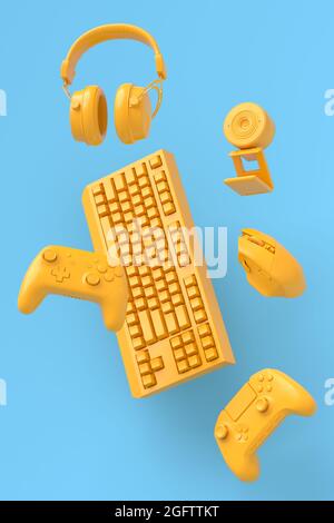 Fliegende Gamer-Gears wie Maus, Tastatur, Joystick, Headset, VR, Webcam Stockfoto