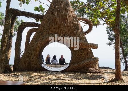 Drei Mädchen schießen von hinten in Pinus Penger, Yogyakarta Stockfoto