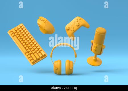 Fliegende Gamer-Gears wie Maus, Tastatur, Joystick, Headset, VR, Mikrofon Stockfoto