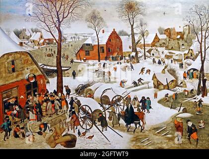 Volkszählung in Bethlehem von Pieter Bruegel dem Jüngeren.die Volkszählung in Bethlehem ist ein Werk von Pieter Bruegel dem Älteren.das Original aus dem Jahr 1566 befindet sich in den Königlichen Museen der Schönen Künste in Brüssel. Diese Kopie wurde wahrscheinlich vor 1600 von Pieter Bruegel dem Jüngeren produziert, er und seine Arbeiter machten insgesamt dreizehn. Stockfoto