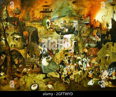 Mad Meg. Langweiliges Gret. Dulle Griet. (1563) von dem flämischen Renaissance-Künstler und Meister des Malers Pieter Bruegel dem Älteren. Eine Figur der flämischen Folklore. Das Gemälde zeigt einen Virago, Dulle Griet, der eine Armee von Frauen führt, um die Hölle zu plündern. Ein Horrorfilm in gemalter Form. Stockfoto