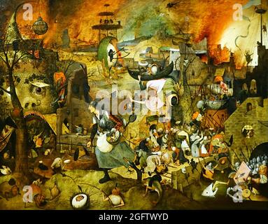 Mad Meg. Langweiliges Gret. Dulle Griet. (1563) von Pieter Bruegel dem Älteren. Eine Figur der flämischen Folklore. Das Gemälde zeigt einen Virago, Dulle Griet, der eine Armee von Frauen führt, um die Hölle zu plündern. Ein Horrorfilm in gemalter Form Stockfoto