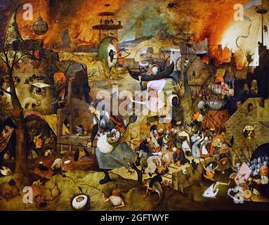 Mad Meg. Langweiliges Gret. Dulle Griet. (1563) von dem flämischen Renaissance-Künstler und Meister des Malers Pieter Bruegel dem Älteren. Eine Figur der flämischen Folklore. Das Gemälde zeigt einen Virago, Dulle Griet, der eine Armee von Frauen führt, um die Hölle zu plündern. Ein Horrorfilm in gemalter Form. Stockfoto