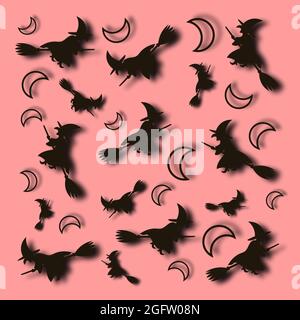 Halloween Muster mit Mond und fliegenden Hexen auf einem rosa Hintergrund Stock Vektor